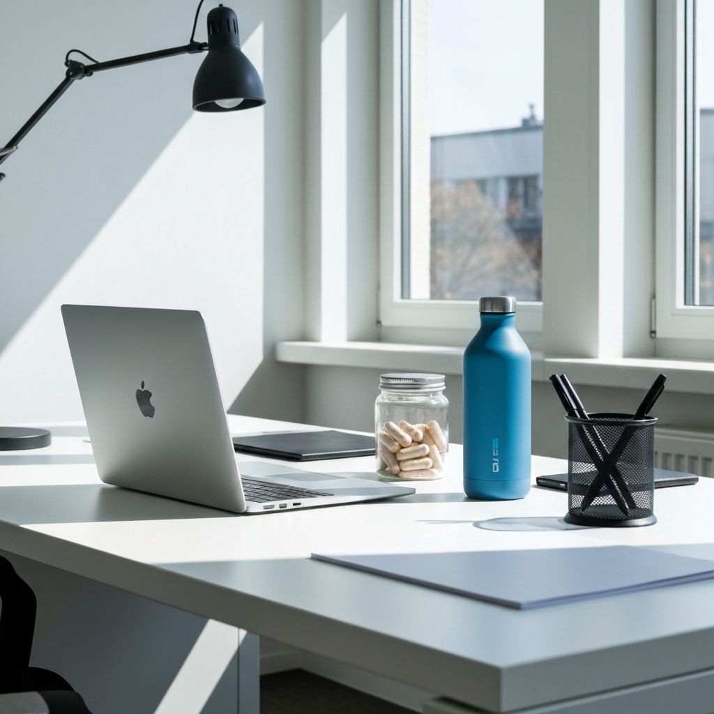 Moderner Schreibtisch mit Laptop, Supplement-Glas und Wasser