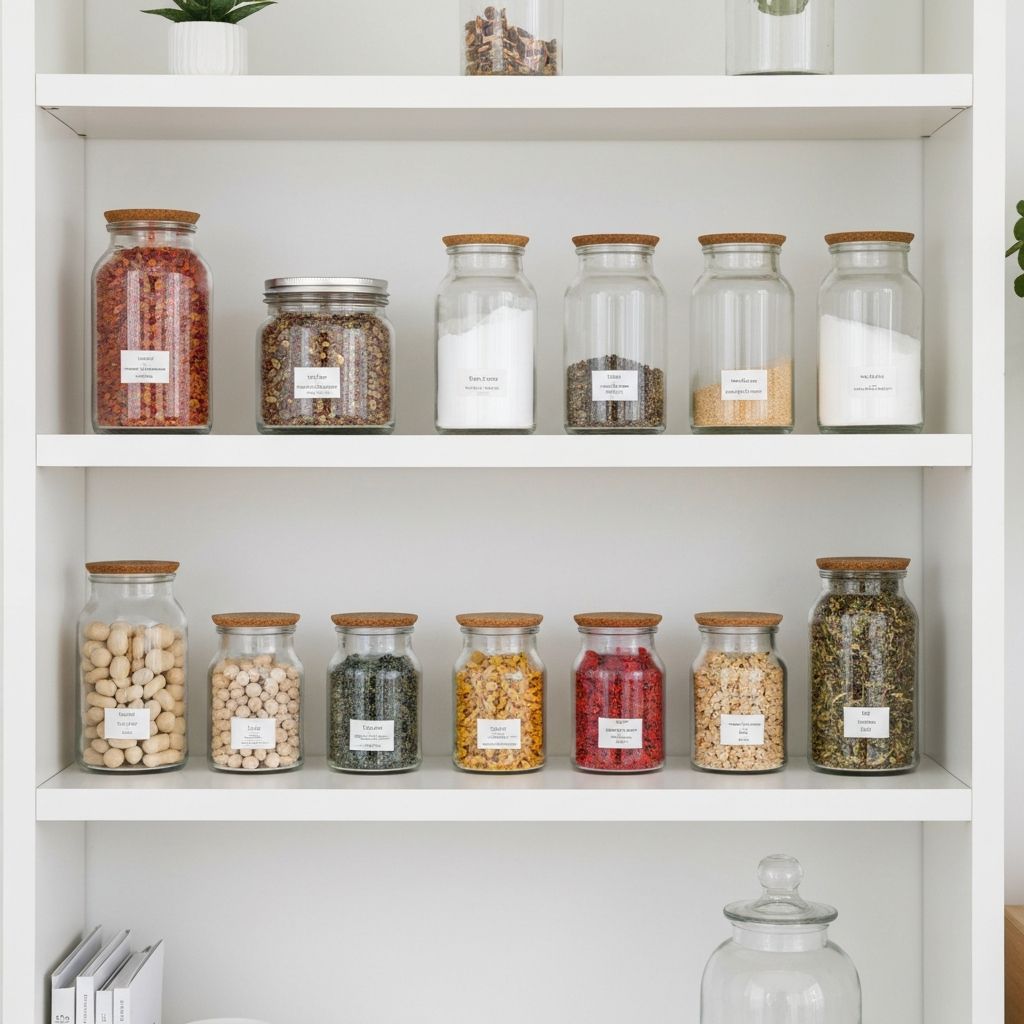 Organisiertes Regal mit Gläsern voller Vitamine, Kapseln, Pulver und getrockneten Kräutern