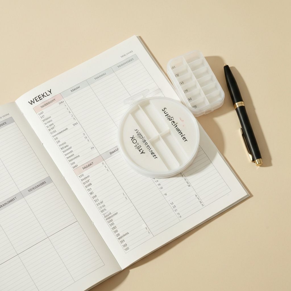 Wochenplan-Seite mit ausgefülltem Zeitplan und Supplement-Organizer mit Tageskompartimenten